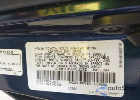 2002 Toyota Camry Xle V6 from USA, damaged, VIN 4T1BF30K92U512065